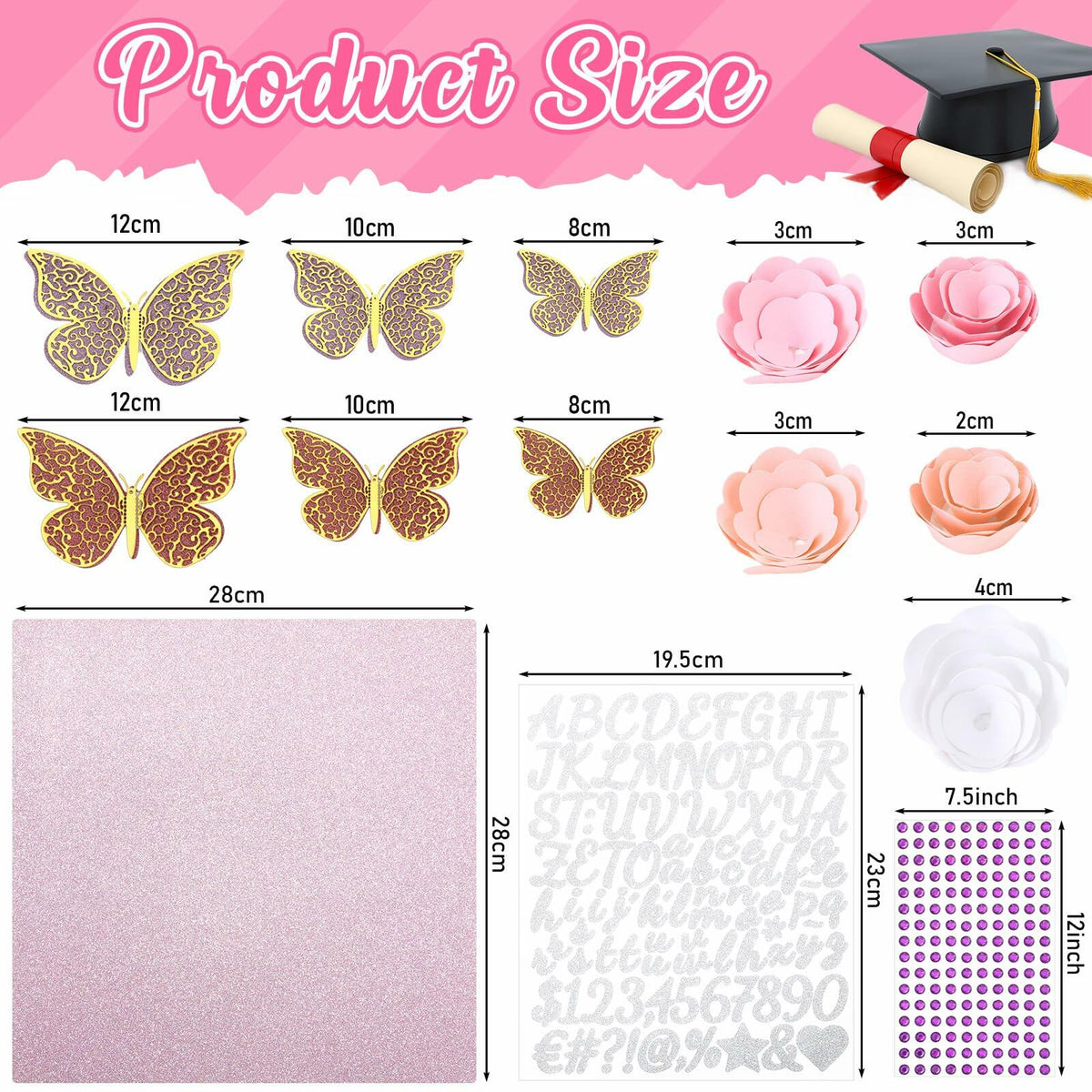 Kit de decoración para birrete de graduación Knitgrip, 98 piezas, flores artificiales rosas y mariposa