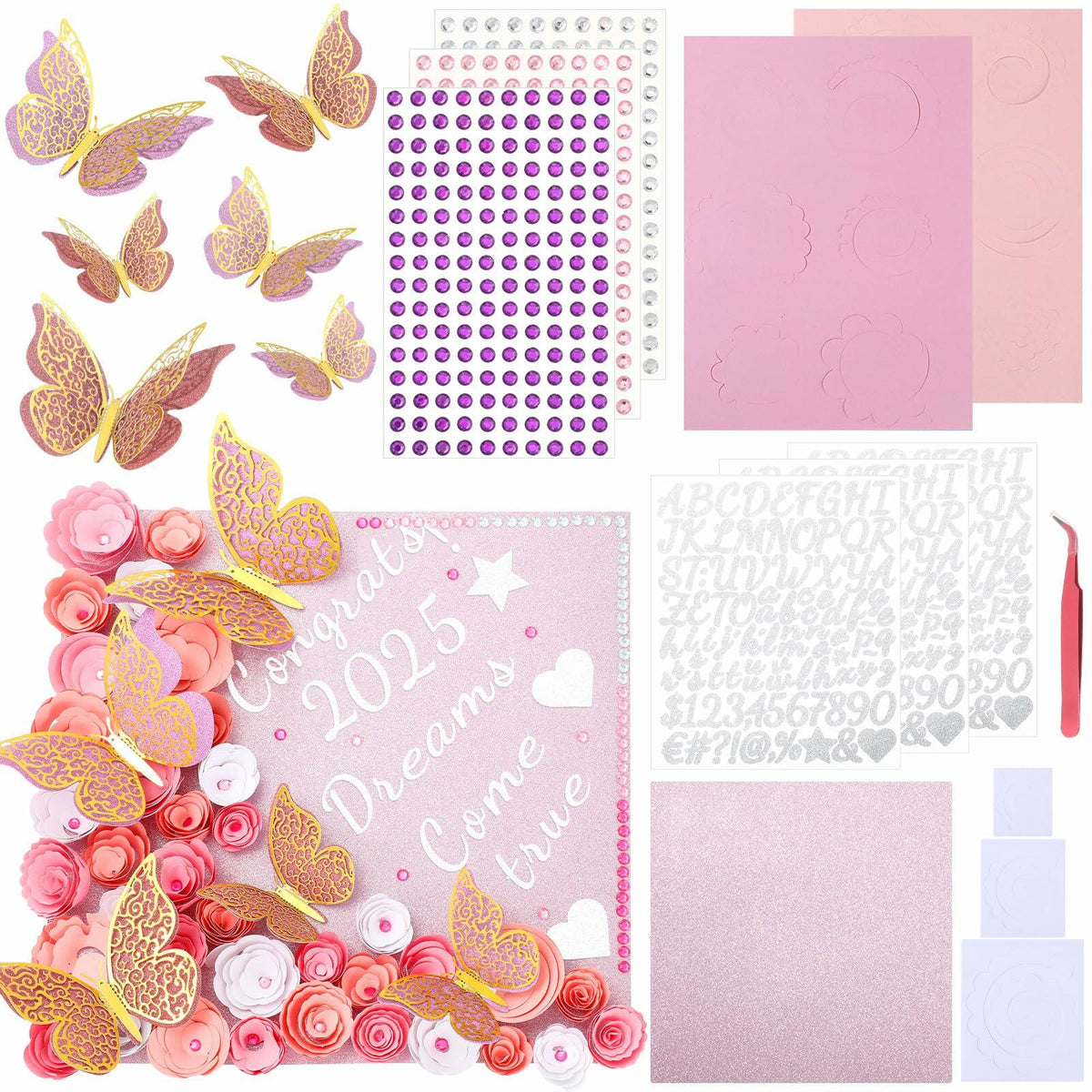 Kit de decoración para birrete de graduación Knitgrip, 98 piezas, flores artificiales rosas y mariposa