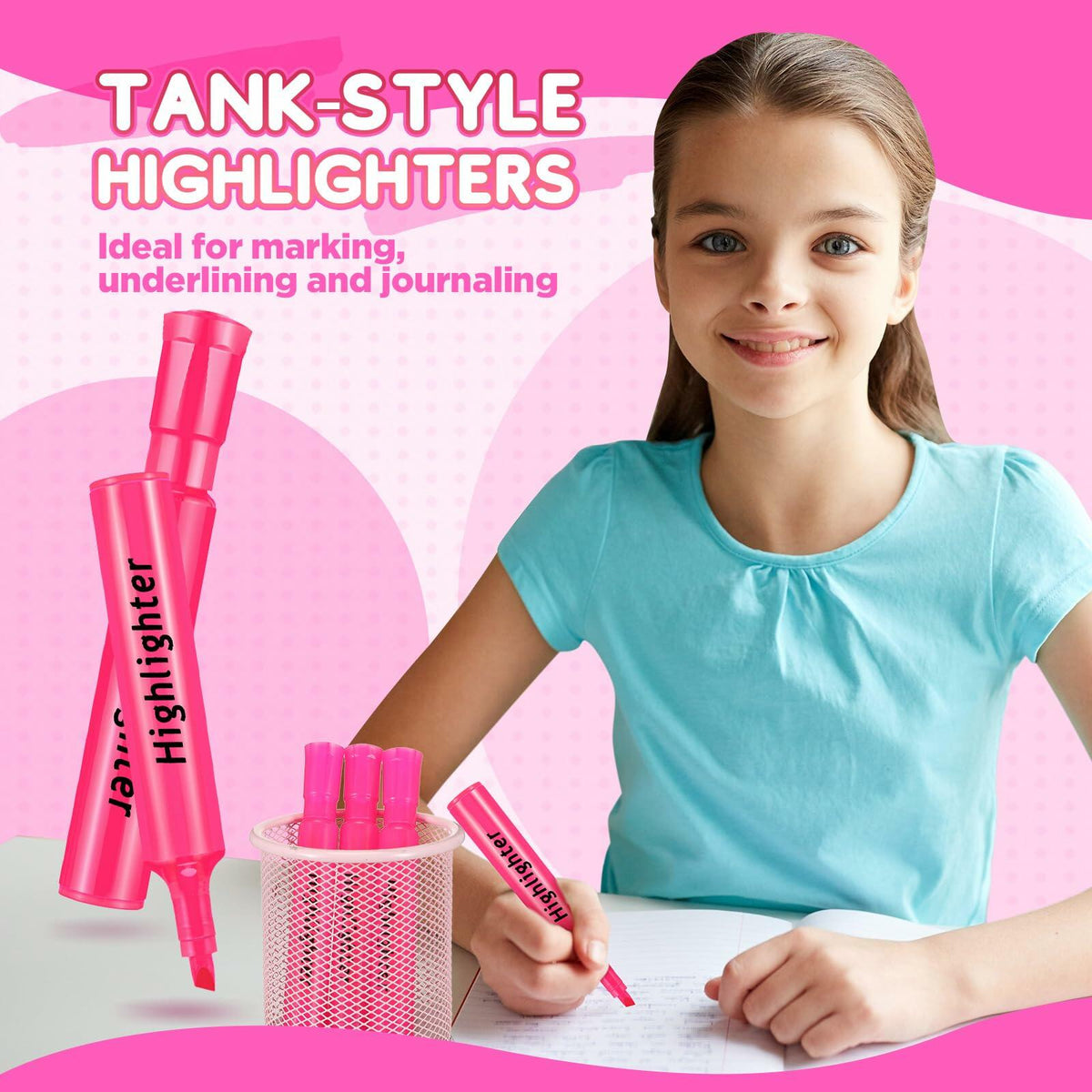 Paquete de 30 marcadores resaltadores Qilery, estilo tanque rosa, punta biselada, de secado rápido