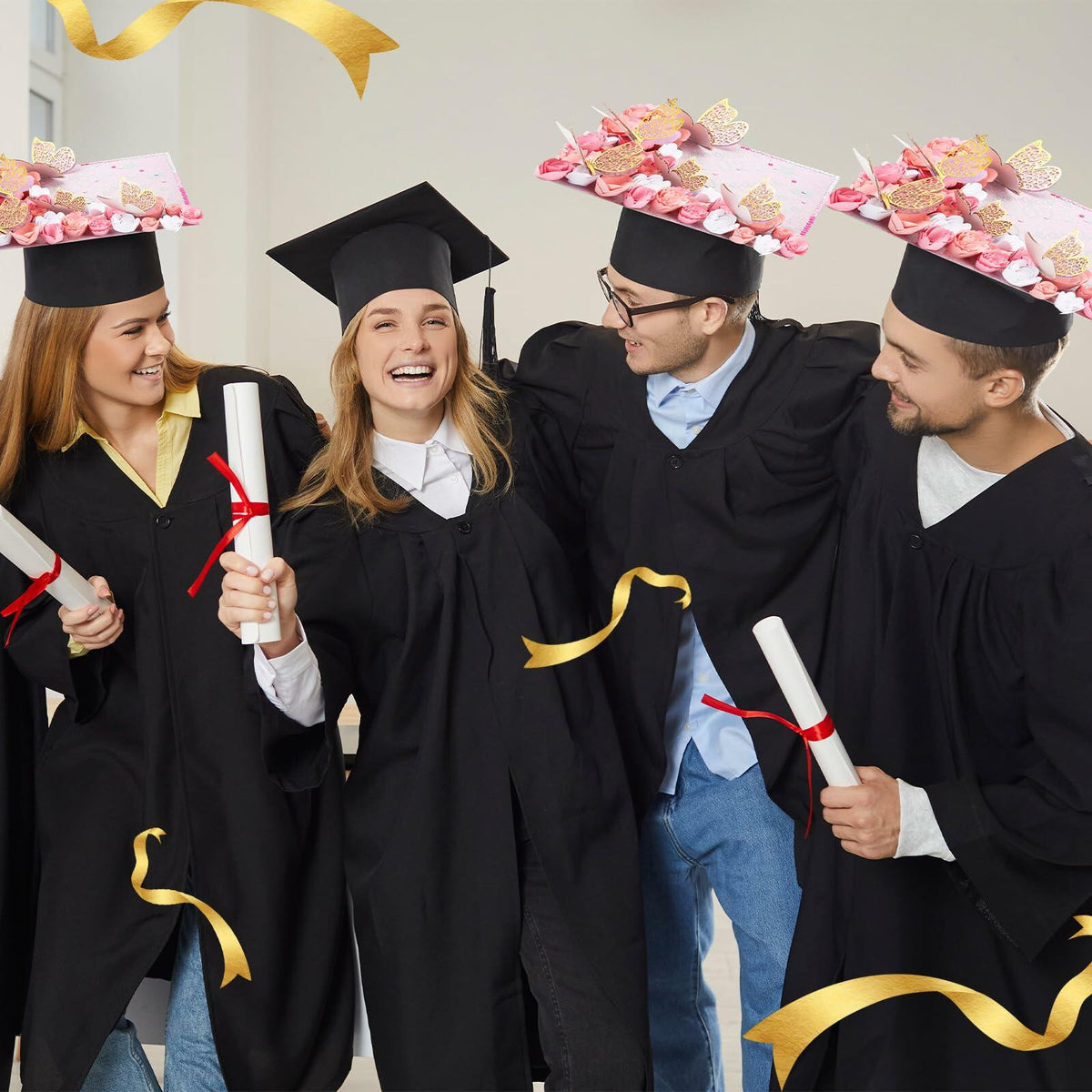 Kit de decoración para birrete de graduación Knitgrip, 98 piezas, flores artificiales rosas y mariposa
