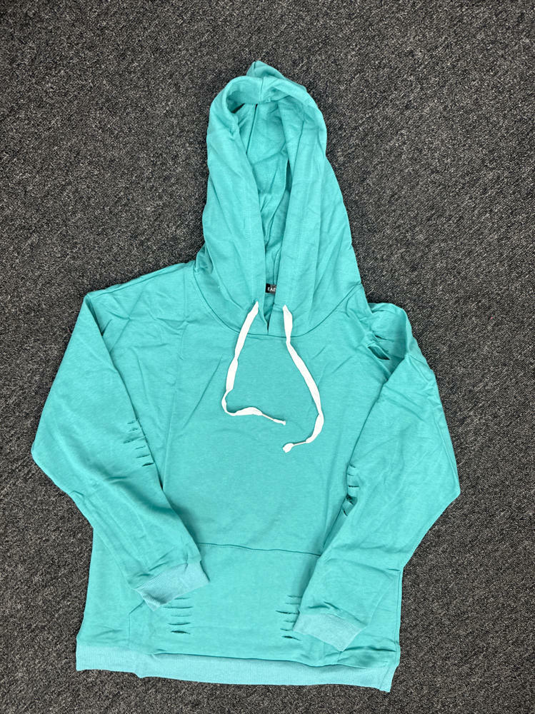 Sudadera con capucha para mujer, estilo desgastado, con cordón y bolsillo tipo canguro, color gris azulado, talla M
