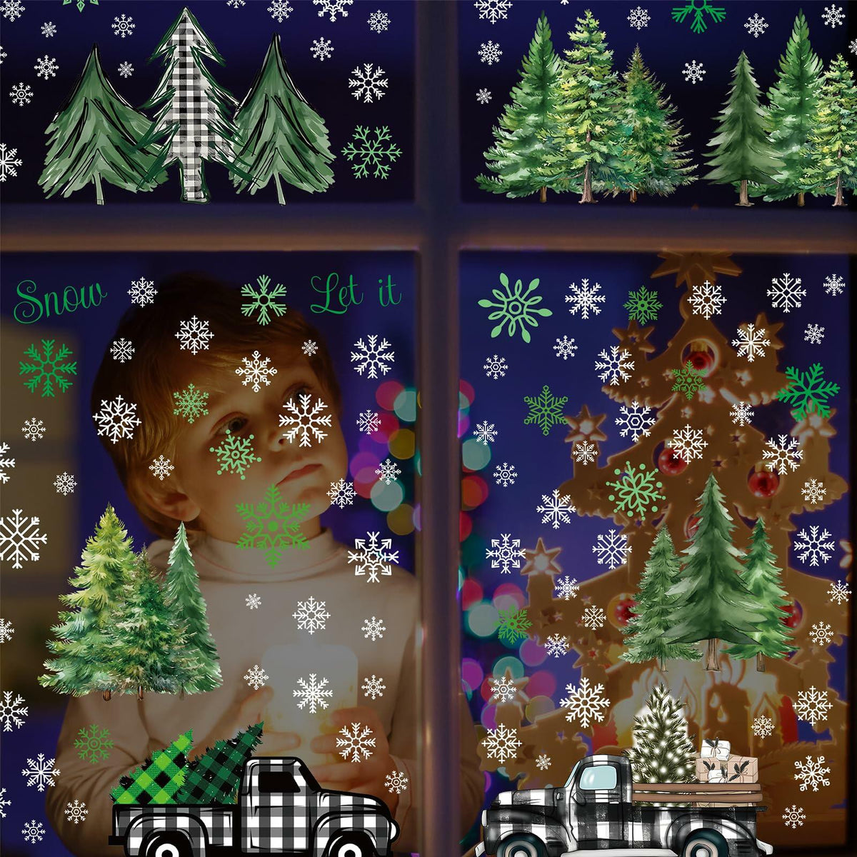 134 PCS Christmas Window Stickers Buffalo Plaid Truck Snowflake Black White