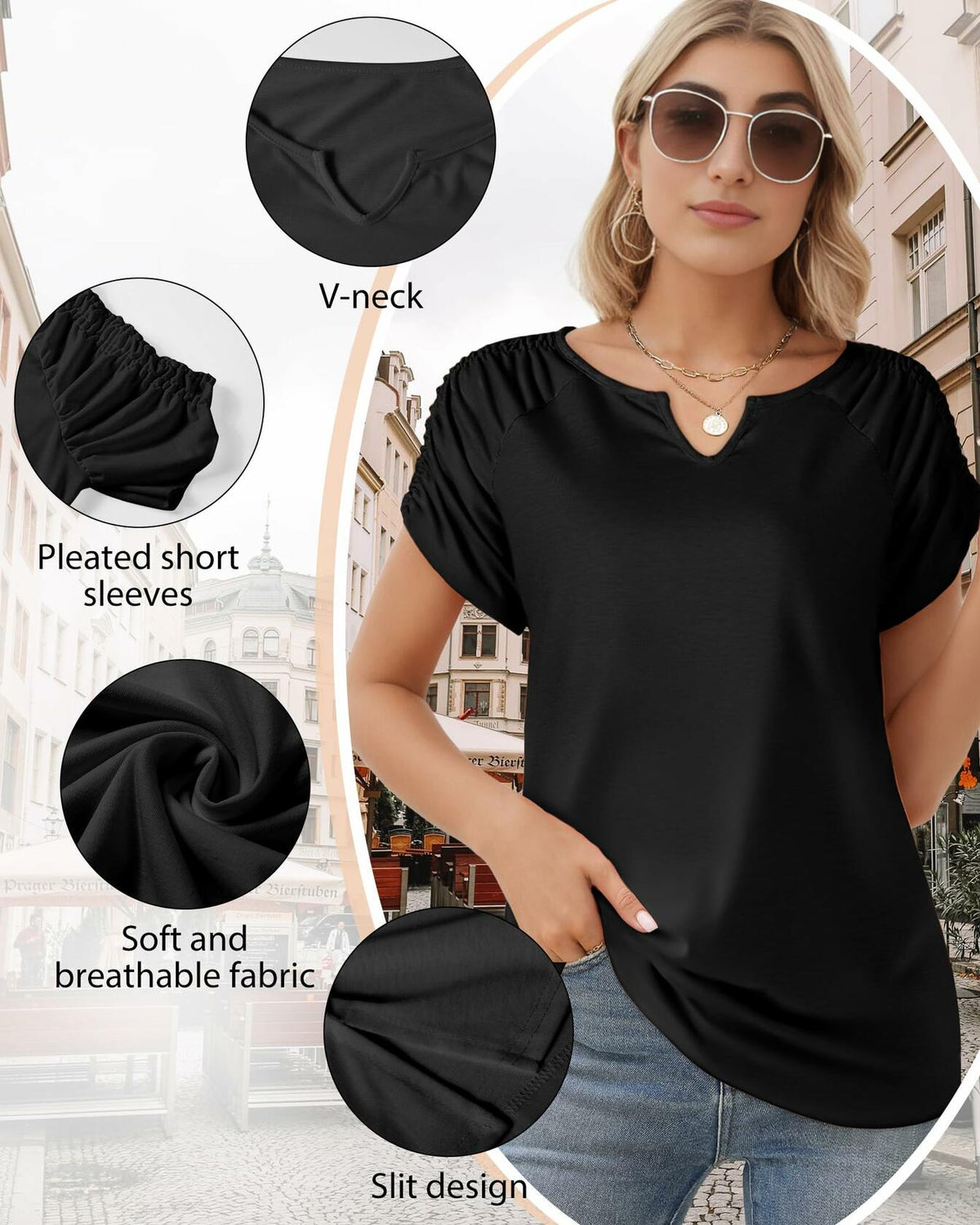 Camisa informal de manga corta con cuello en V para mujer AURUZA, azul, talla S