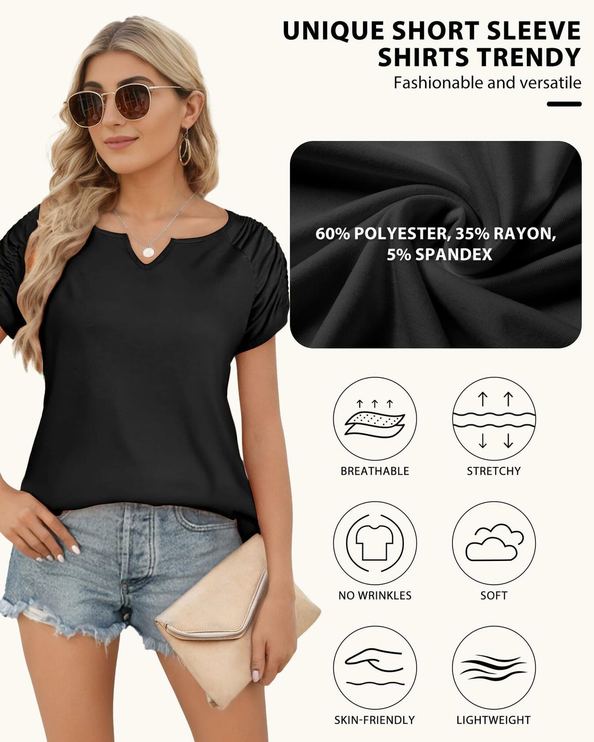 Camisa informal de manga corta con cuello en V para mujer AURUZA, azul, talla S