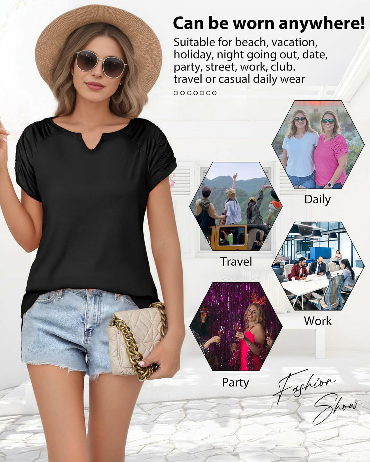 Camisa informal de manga corta con cuello en V para mujer AURUZA, azul, talla S