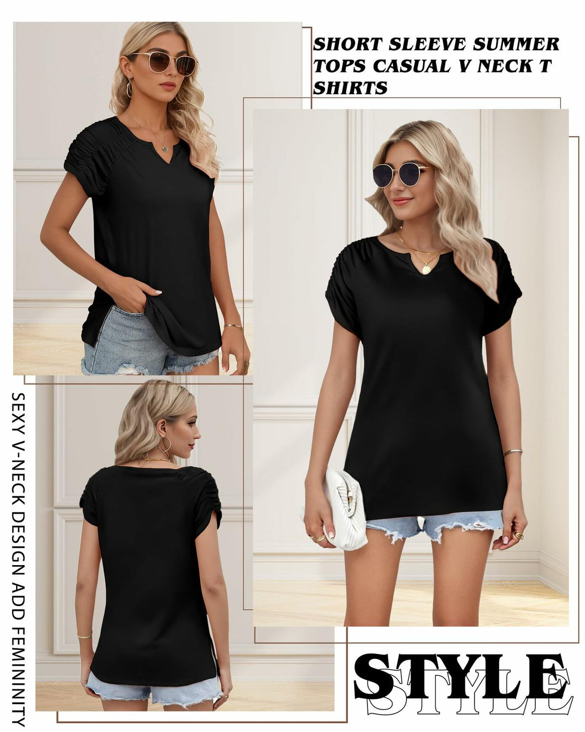 Camisa informal de manga corta con cuello en V para mujer AURUZA, azul, talla S
