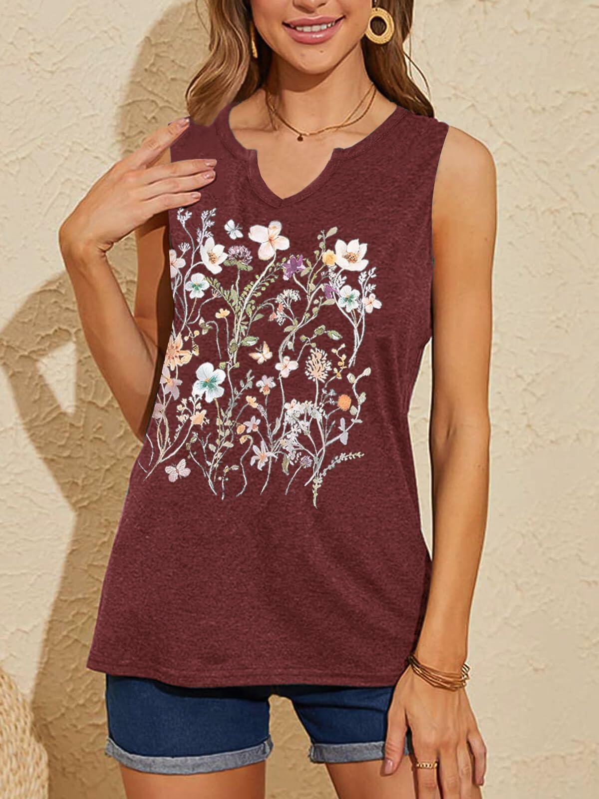 YIUIERE Camiseta sin mangas para mujer, cuello en V, estampado floral, color granate, talla M