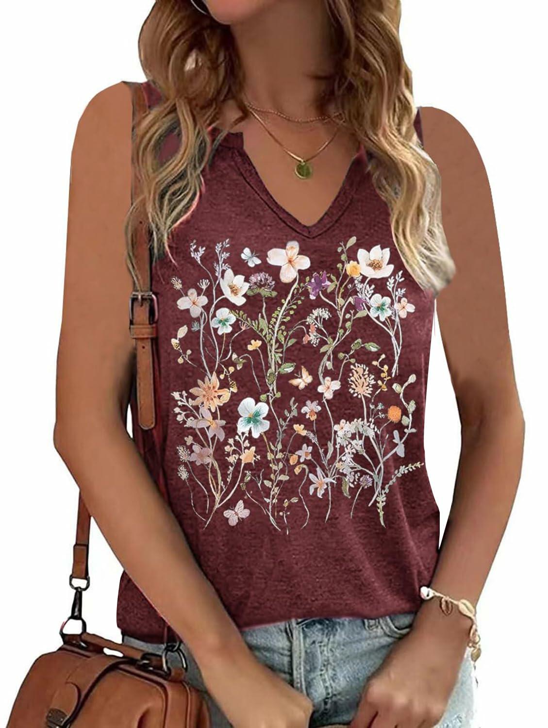 YIUIERE Camiseta sin mangas para mujer, cuello en V, estampado floral, color granate, talla M