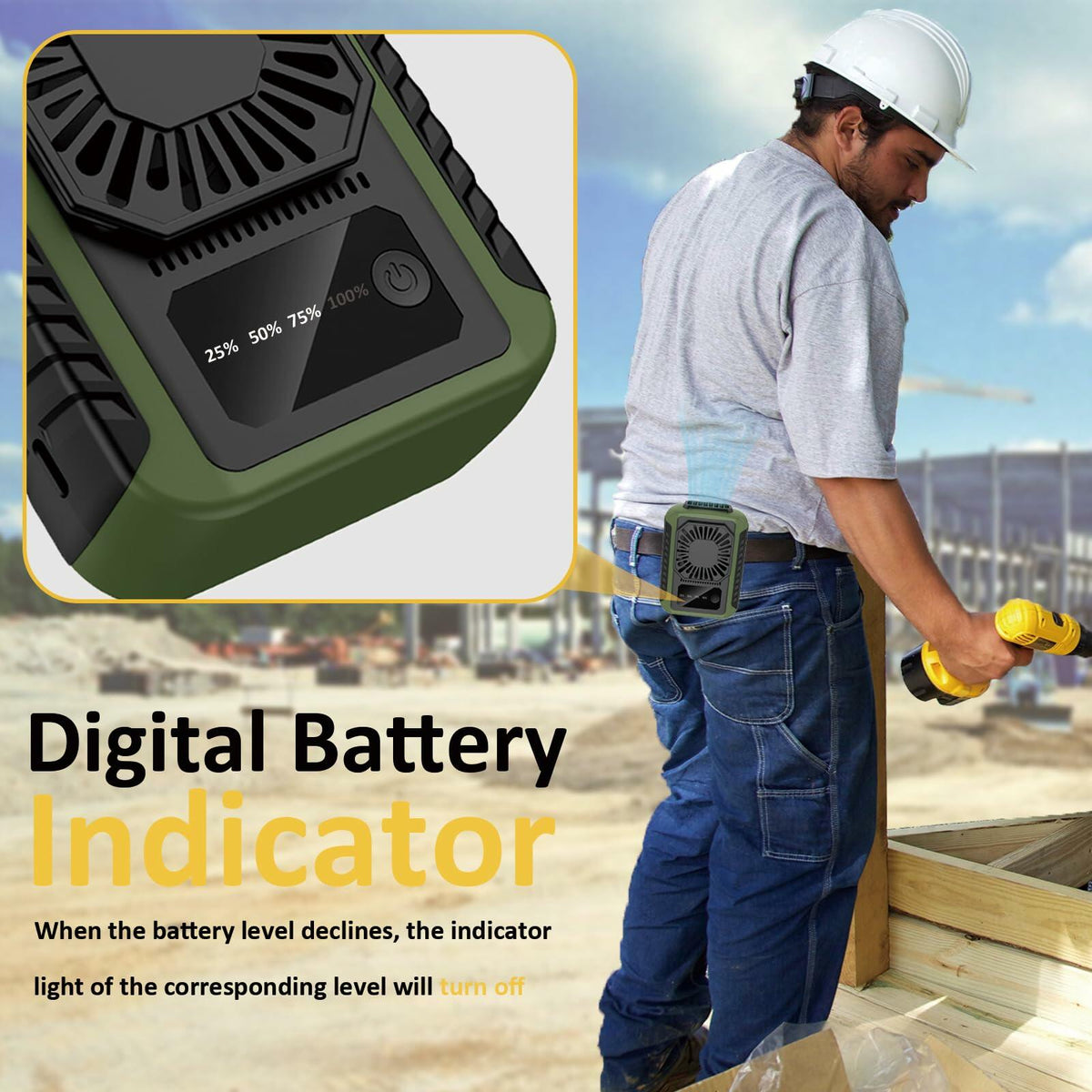 Ventilador portátil de cintura con clip, recargable, 6000 mAh, 20 h, 3 velocidades, verde