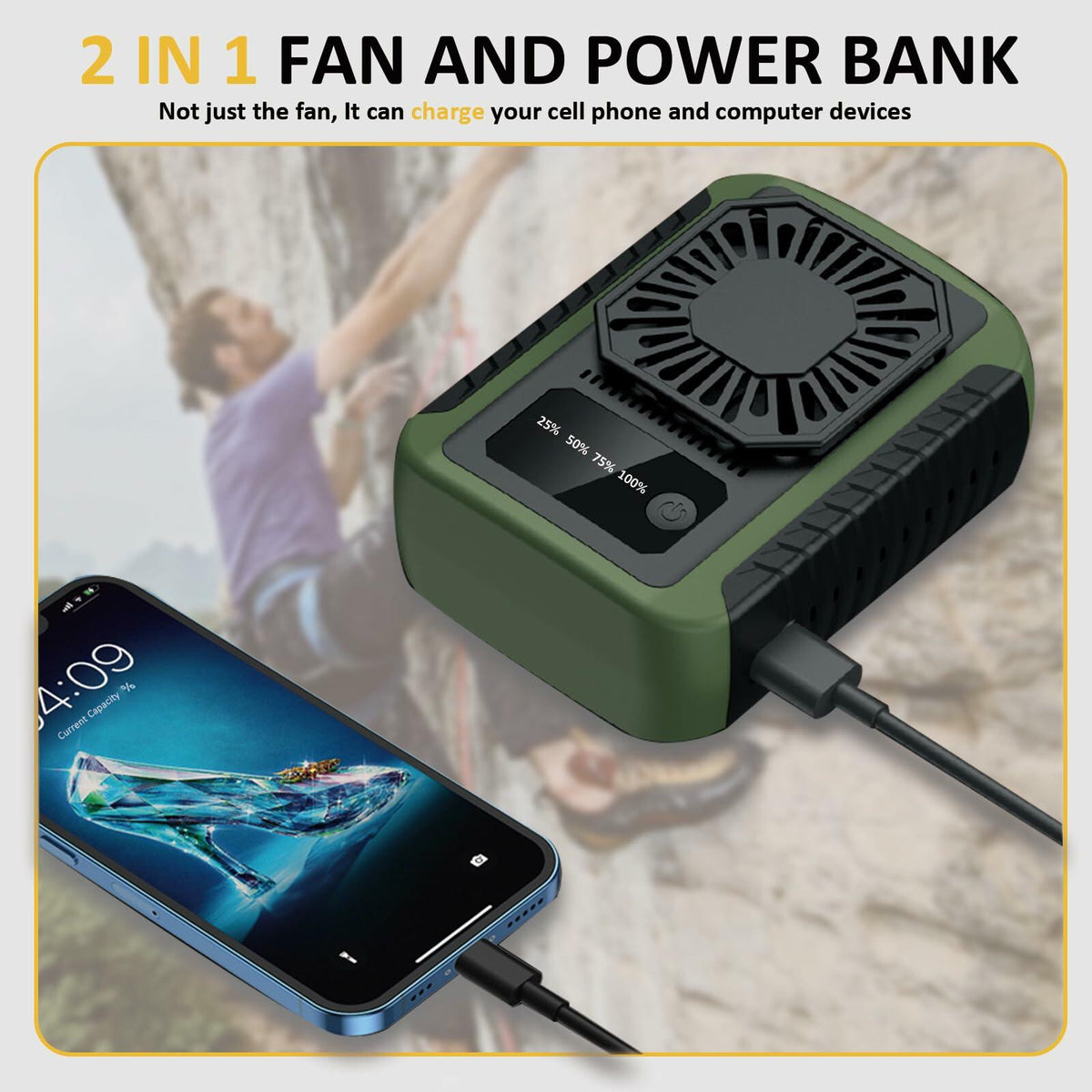 Ventilador portátil de cintura con clip, recargable, 6000 mAh, 20 h, 3 velocidades, verde