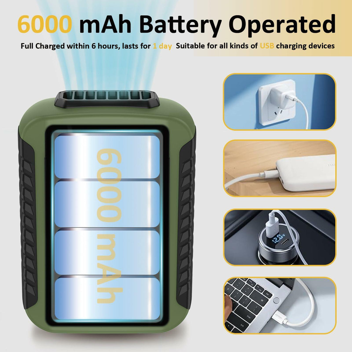 Ventilador portátil de cintura con clip, recargable, 6000 mAh, 20 h, 3 velocidades, verde