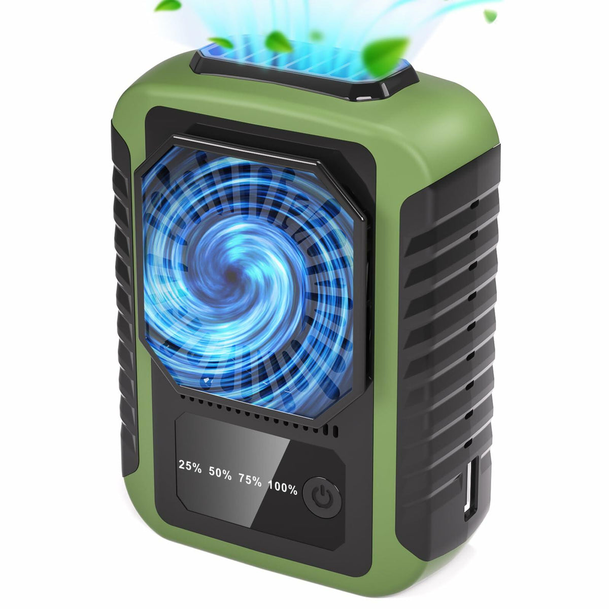 Ventilador portátil de cintura con clip, recargable, 6000 mAh, 20 h, 3 velocidades, verde
