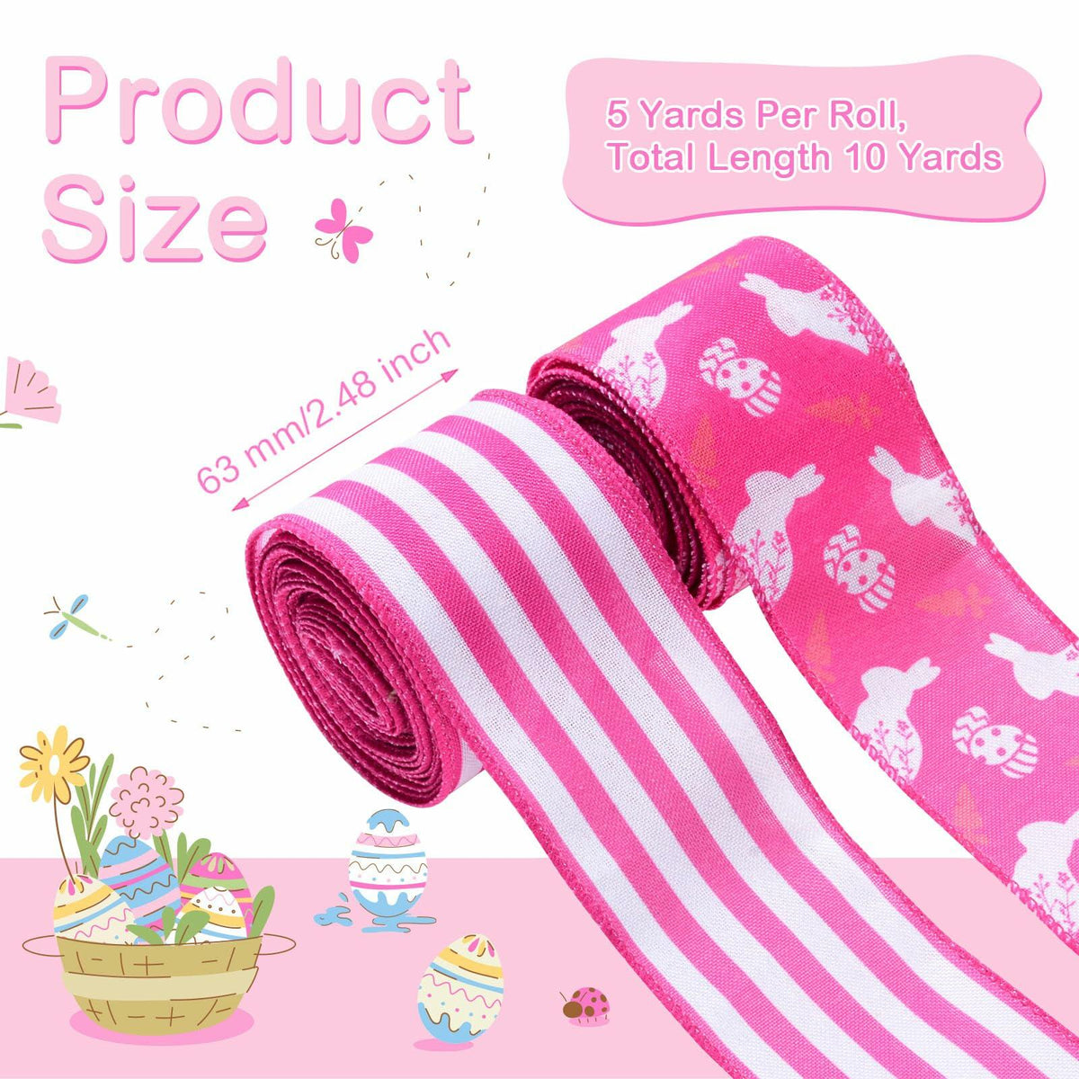 Cinta de alambre para Pascua Pineraap, 2.5 pulgadas x 10 yardas, rayas rosas, 2 rollos
