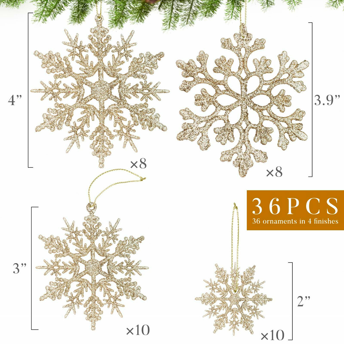 Juego de adornos navideños de copo de nieve Langley, oro rosa, 36 piezas, 4 tamaños