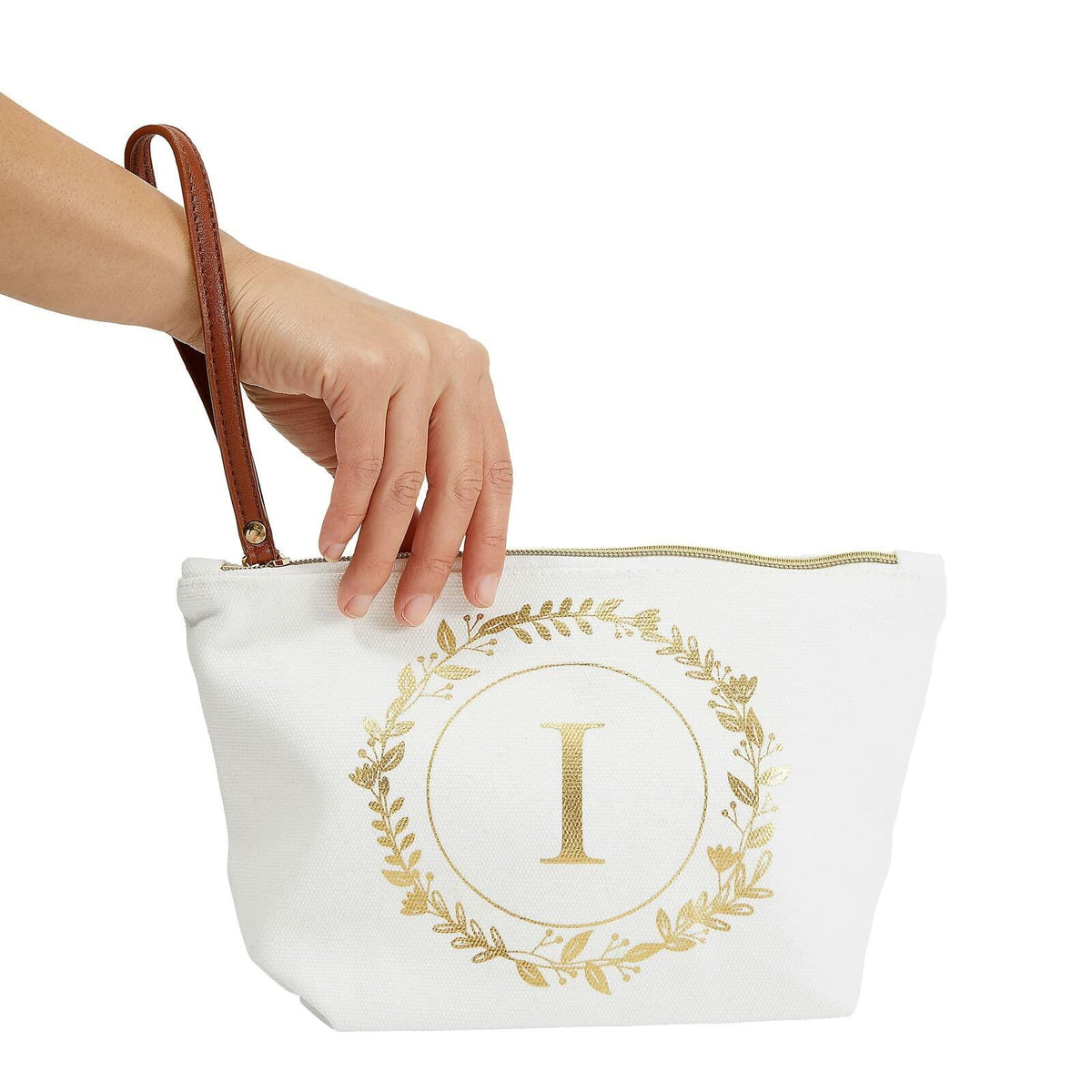 Neceser personalizado Glamlily con inicial I en dorado, color blanco, 10x3x6 pulgadas