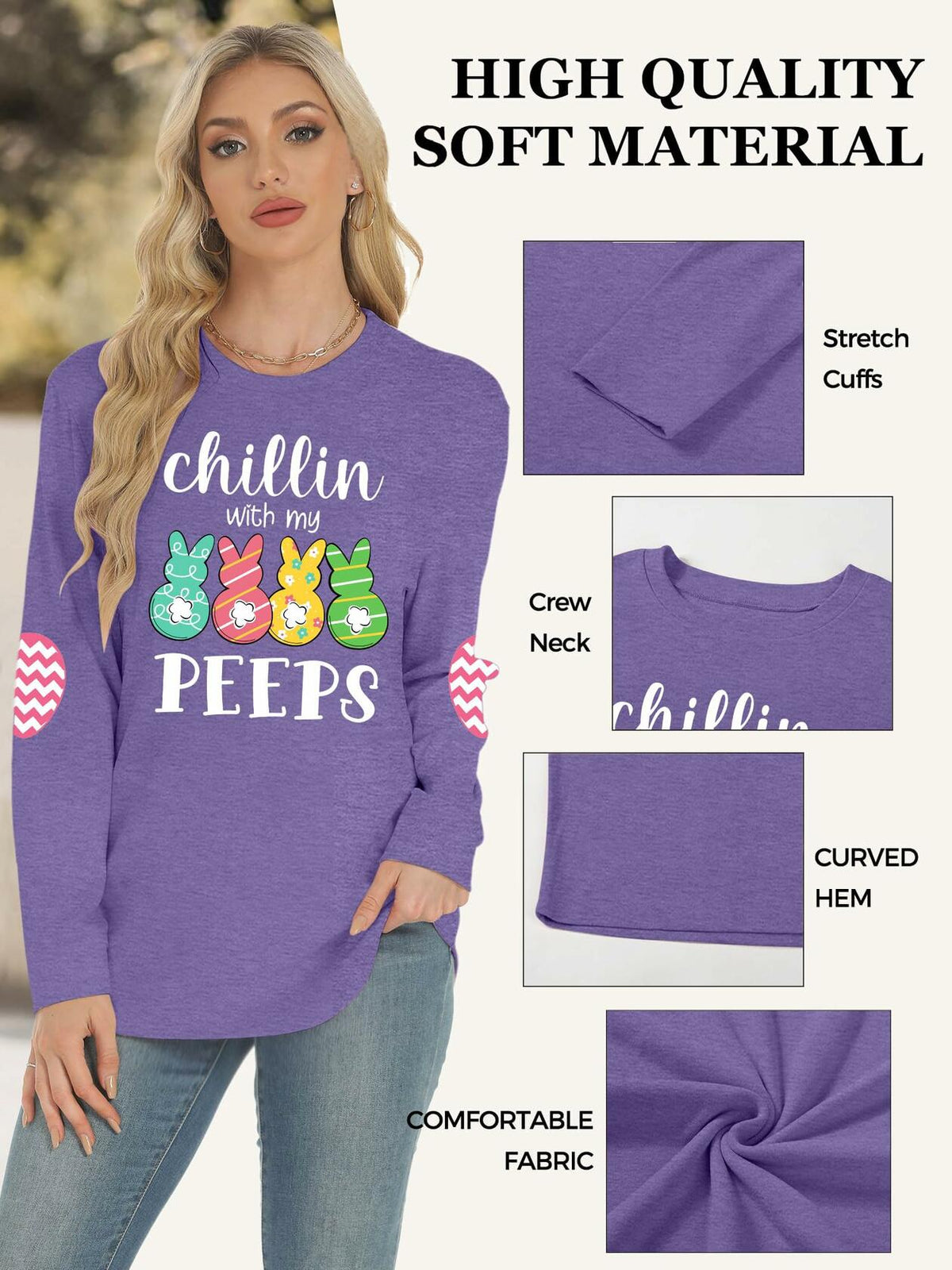 Camiseta de Pascua para mujer, manga larga con estampado de conejito, color morado, talla XXL