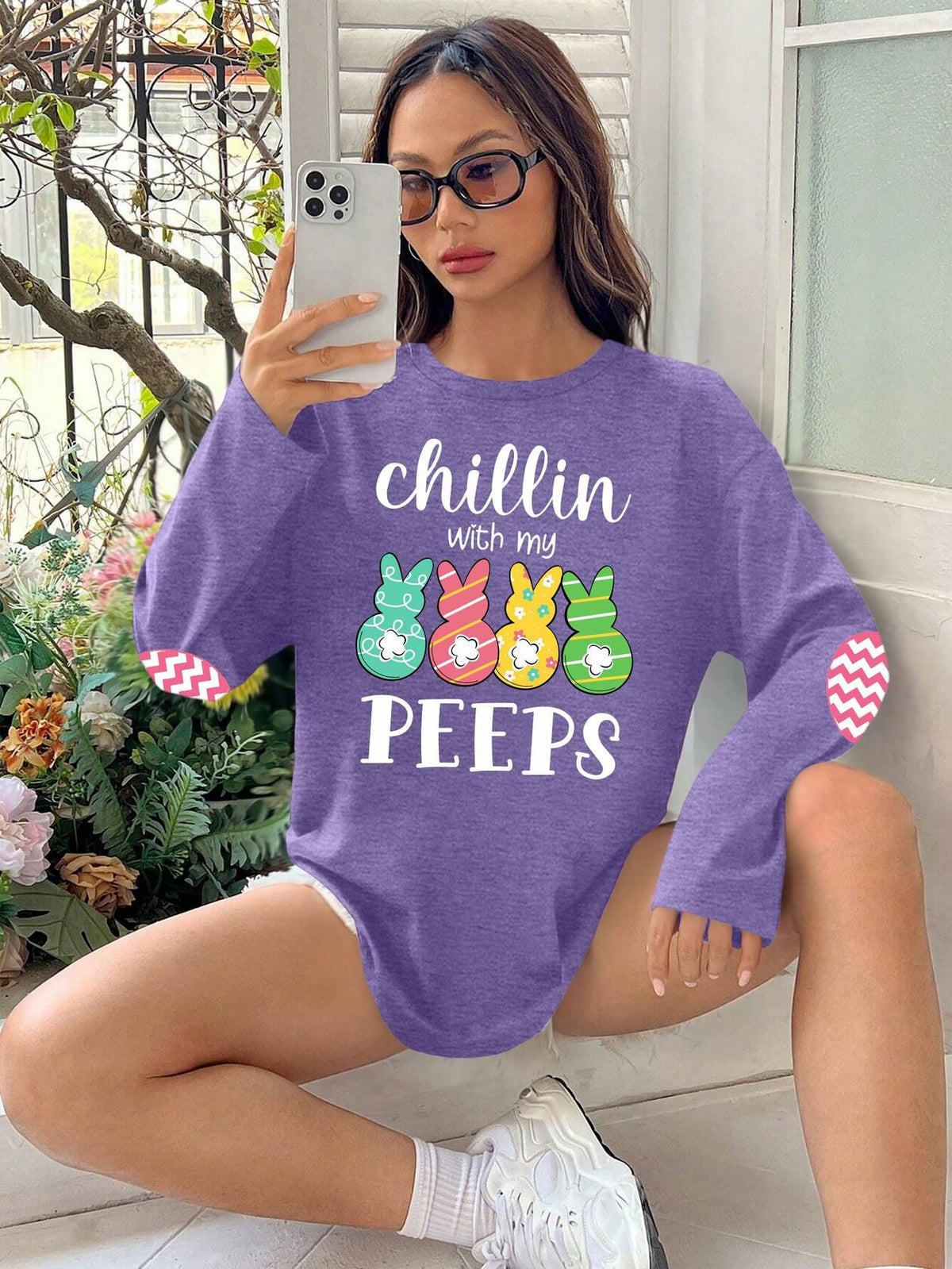 Camiseta de Pascua para mujer, manga larga con estampado de conejito, color morado, talla XXL