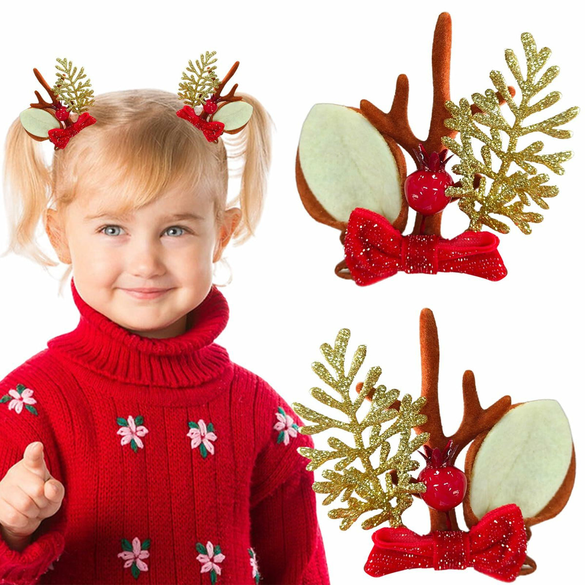 Pinzas para el cabello con lazo navideño, reno rojo y dorado, 2 piezas, accesorios festivos