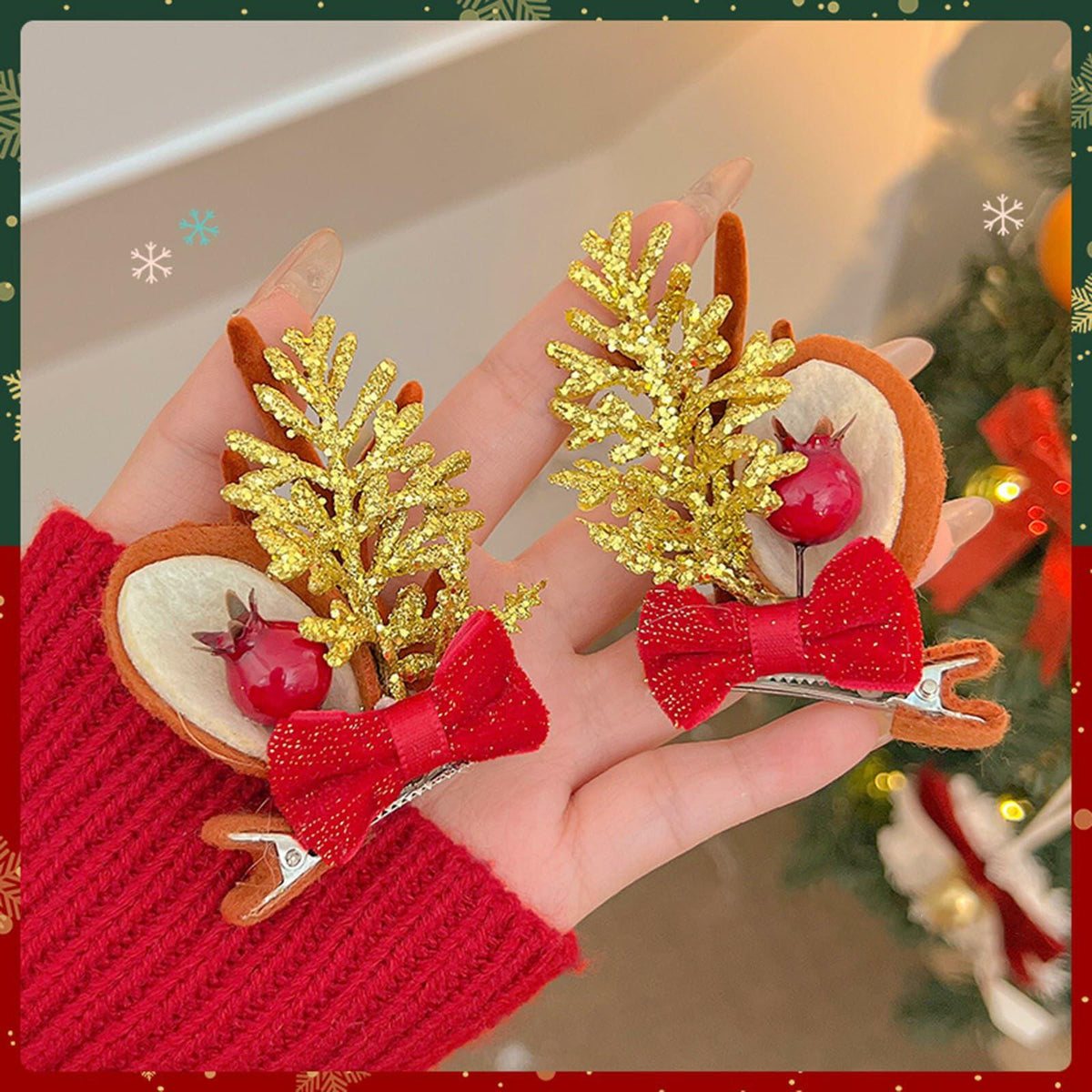 Pinzas para el cabello con lazo navideño, reno rojo y dorado, 2 piezas, accesorios festivos