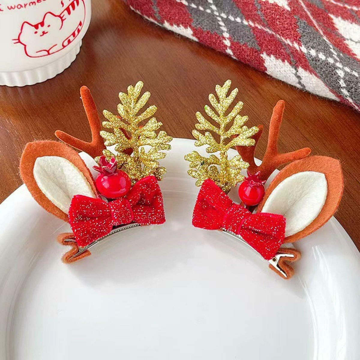 Pinzas para el cabello con lazo navideño, reno rojo y dorado, 2 piezas, accesorios festivos