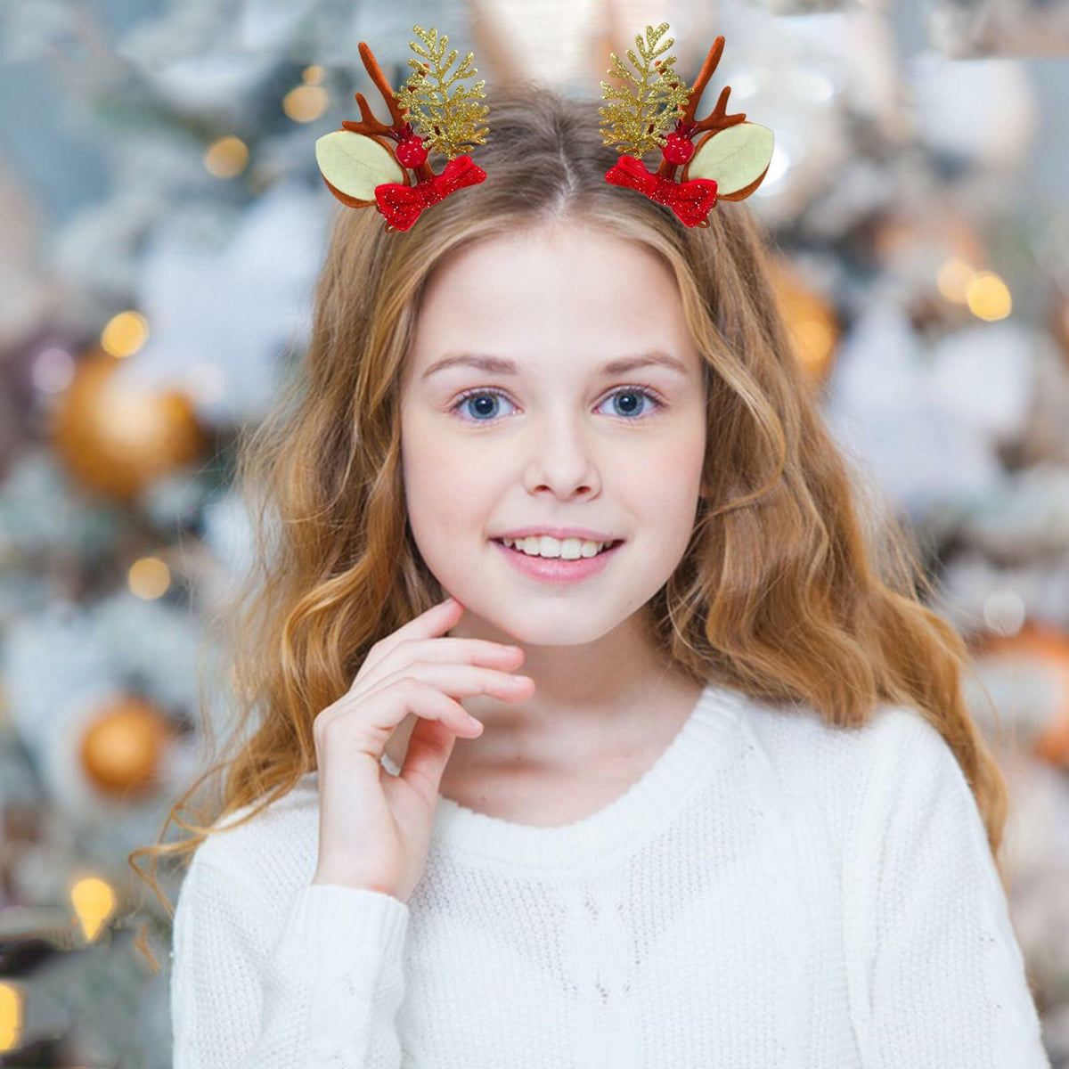 Pinzas para el cabello con lazo navideño, reno rojo y dorado, 2 piezas, accesorios festivos