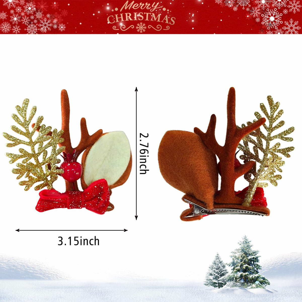 Pinzas para el cabello con lazo navideño, reno rojo y dorado, 2 piezas, accesorios festivos