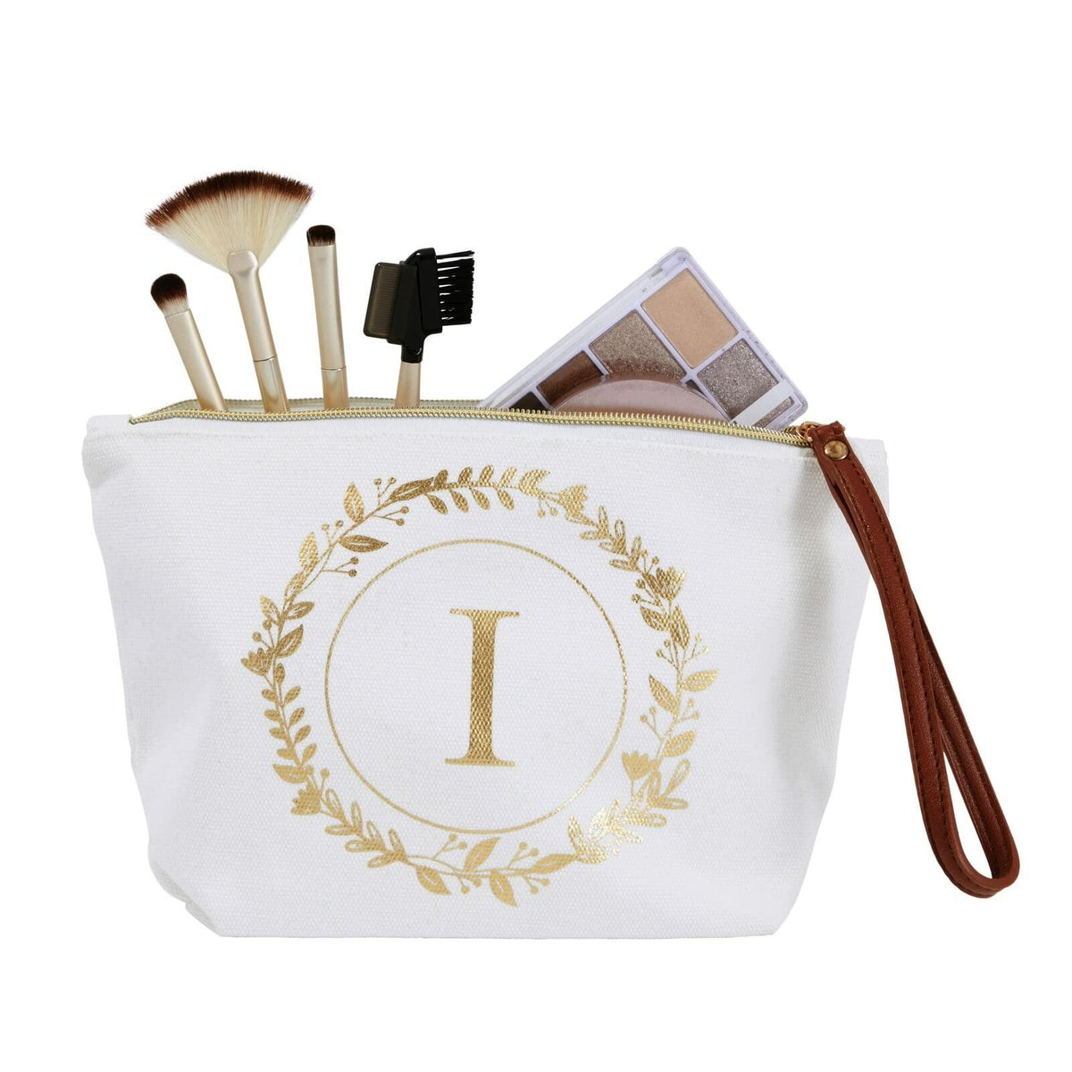 Neceser personalizado Glamlily con inicial I en dorado, color blanco, 10x3x6 pulgadas