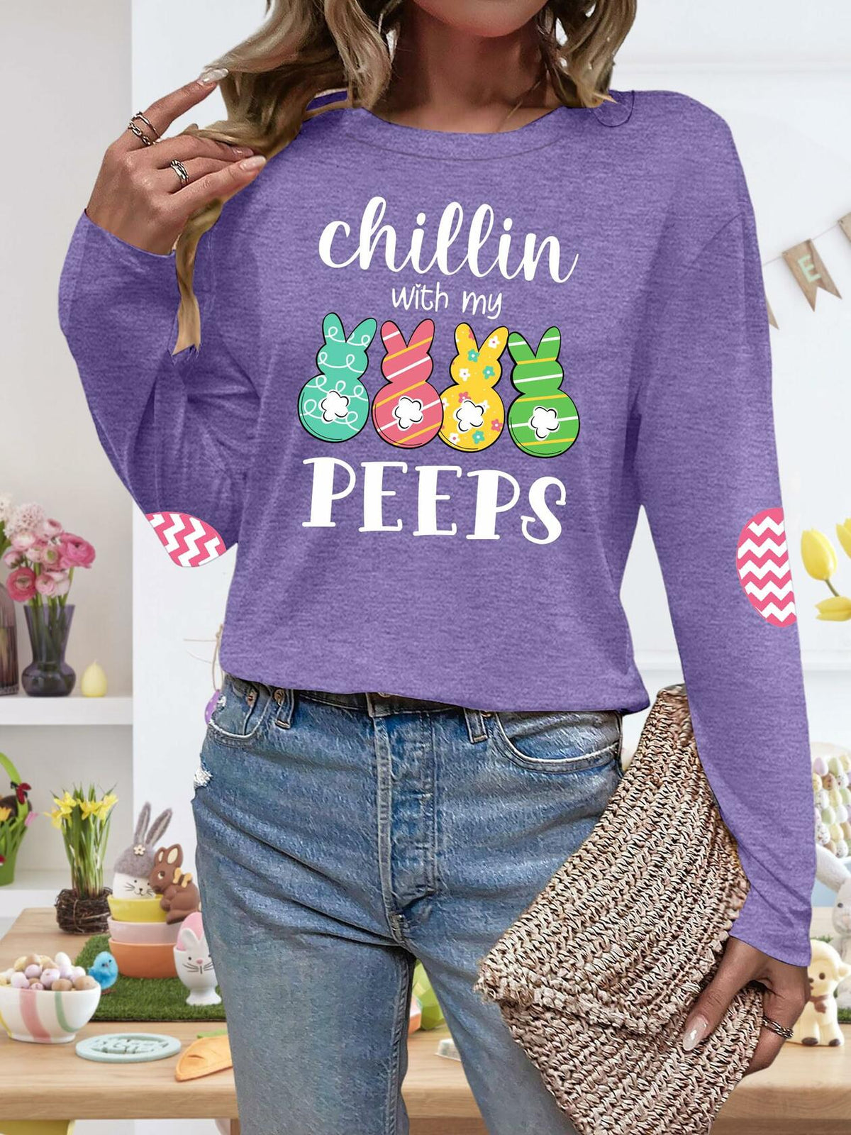 Camiseta de Pascua para mujer, manga larga con estampado de conejito, color morado, talla XXL