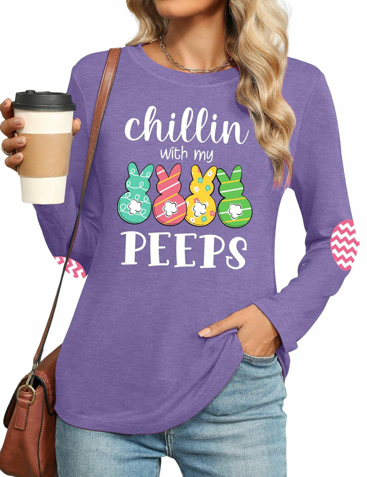 Camiseta de Pascua para mujer, manga larga con estampado de conejito, color morado, talla XXL