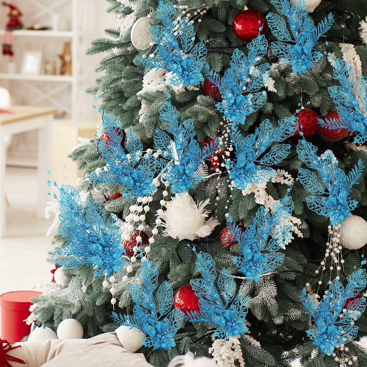 Adornos para árbol de Navidad Crazy Night, 16.3 pulgadas, 12 piezas, bayas con brillantina azul
