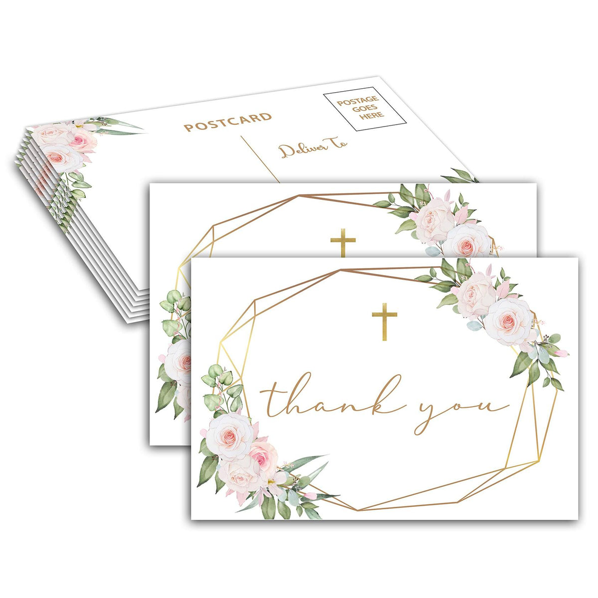 Tarjetas de agradecimiento para bautizo, diseño floral bohemio en rosa rubor y vegetación, paquete de 25 unidades