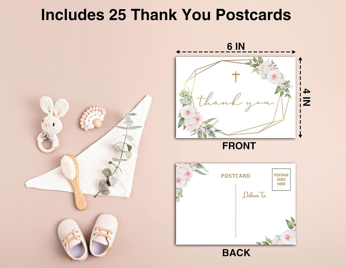 Tarjetas de agradecimiento para bautizo, diseño floral bohemio en rosa rubor y vegetación, paquete de 25 unidades