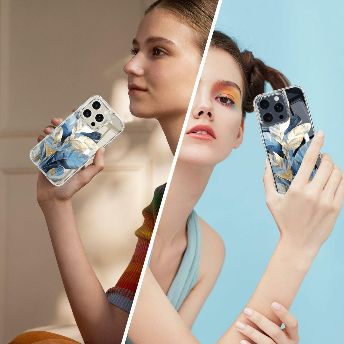 Funda magnética transparente LORYVAN para iPhone 12/12 Pro con diseño floral azul de 6.1"
