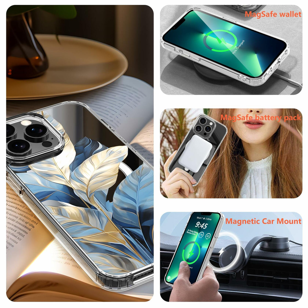 Funda magnética transparente LORYVAN para iPhone 12/12 Pro con diseño floral azul de 6.1"
