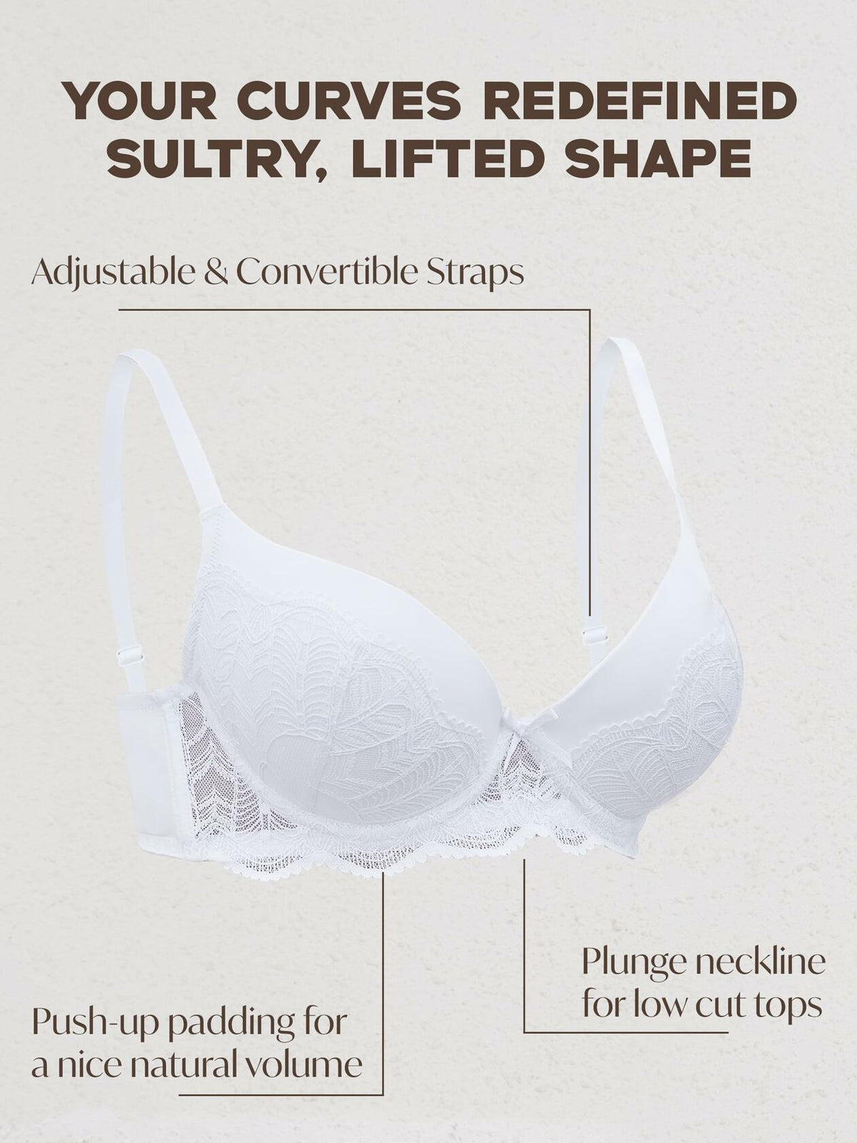 IHOIU Women's Lace Push Up Bra Padded Underwire Convertible White Size 38B