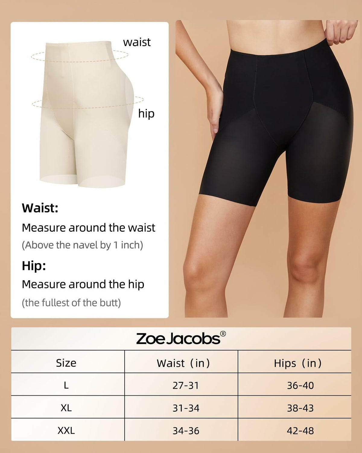 Shorts moldeadores con efecto levantacola Zoe Jacobs, control de abdomen, negro, XL
