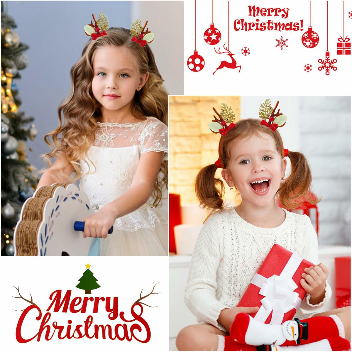 Pinzas para el cabello con lazo navideño, reno rojo y dorado, 2 piezas, accesorios festivos
