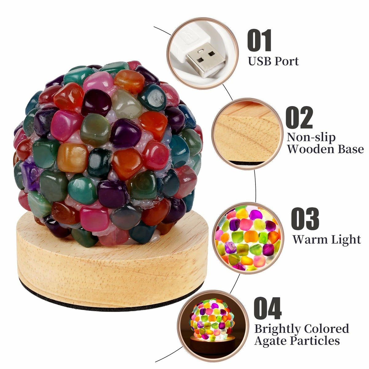 Lámpara de ágata arcoíris Nizrsky, cristales curativos, luz nocturna con base de madera