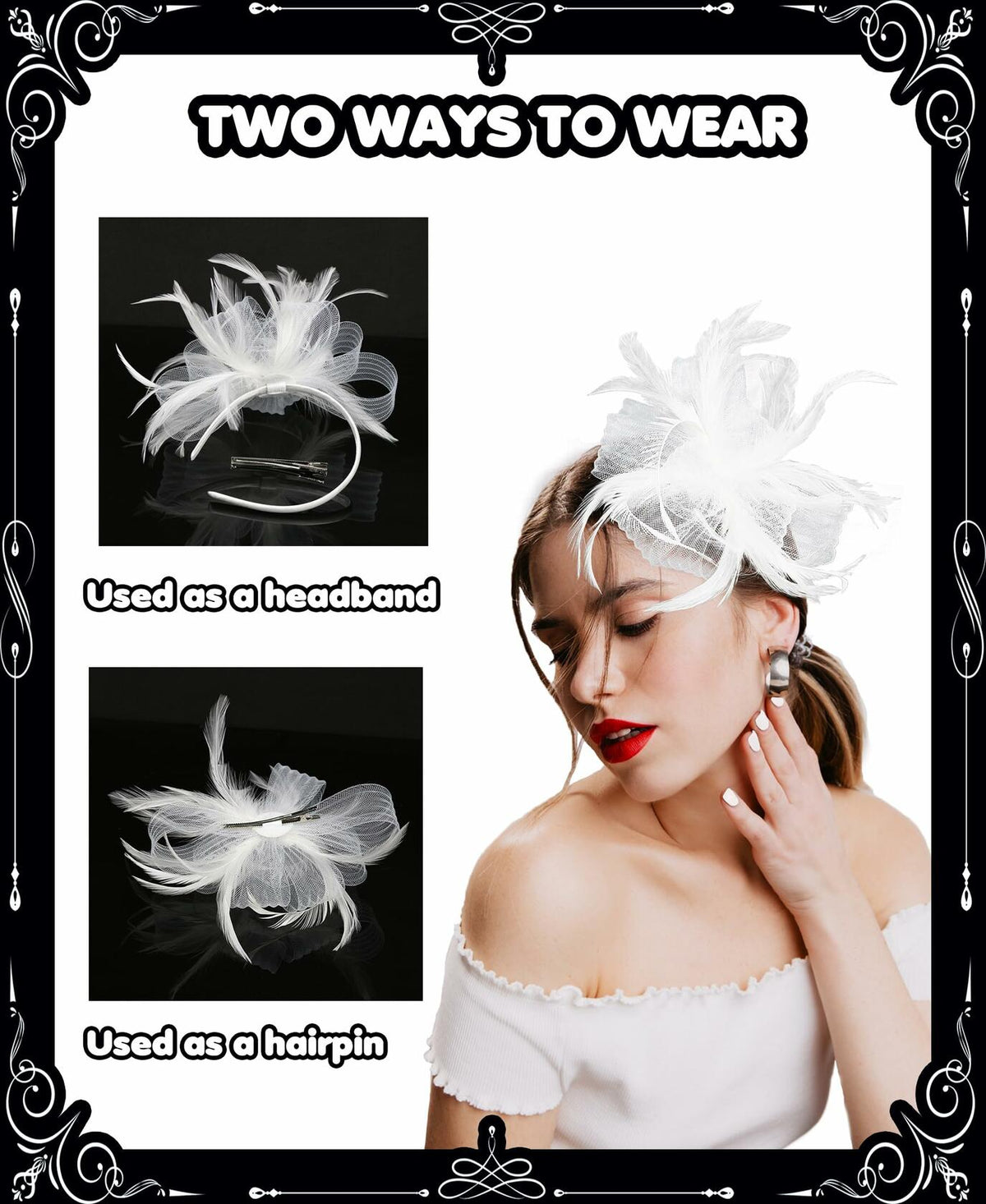 Diadema con clip tipo fascinador vintage para Derby Kidukso, color blanco