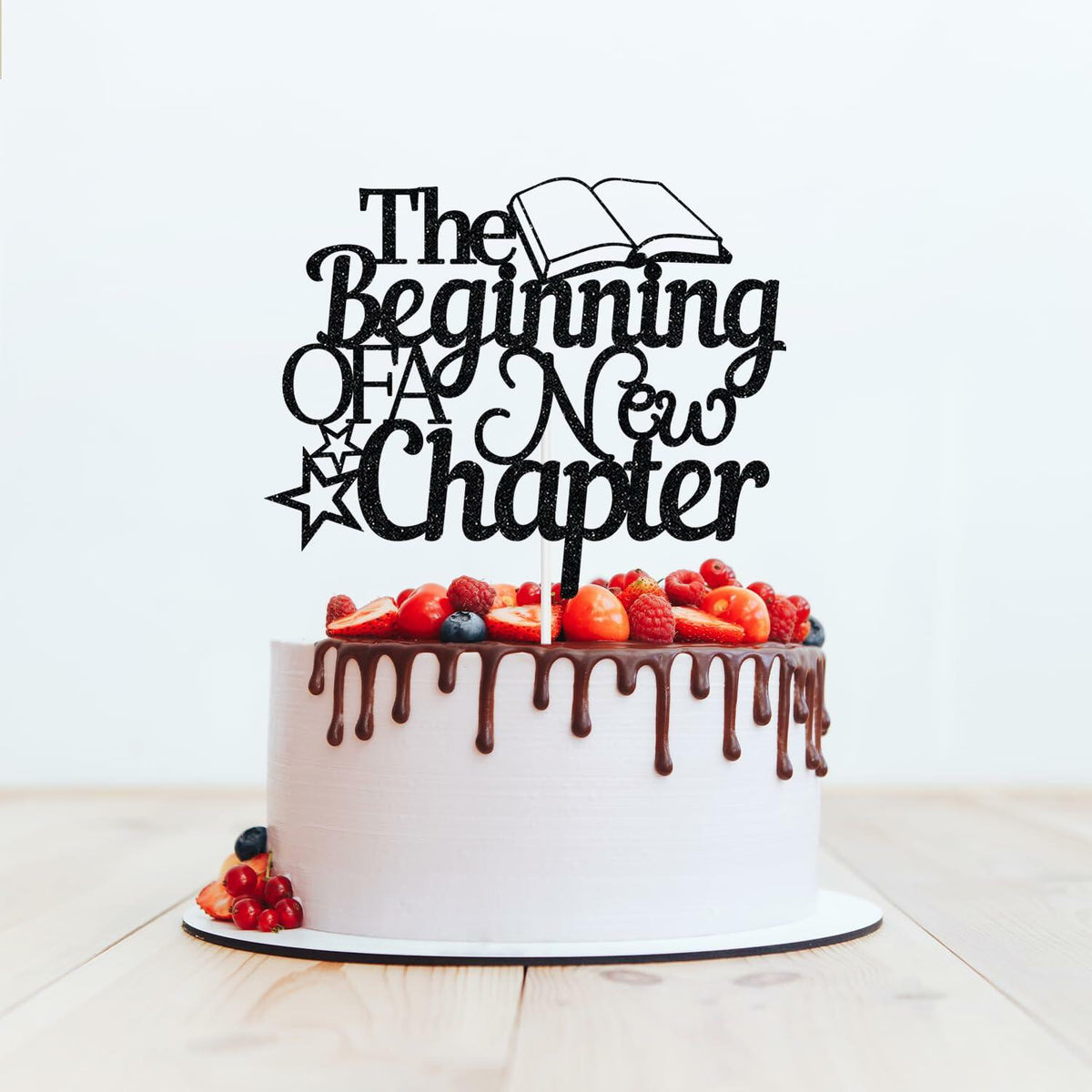 Topper para pastel "The Beginning of A New Chapter" con purpurina negra