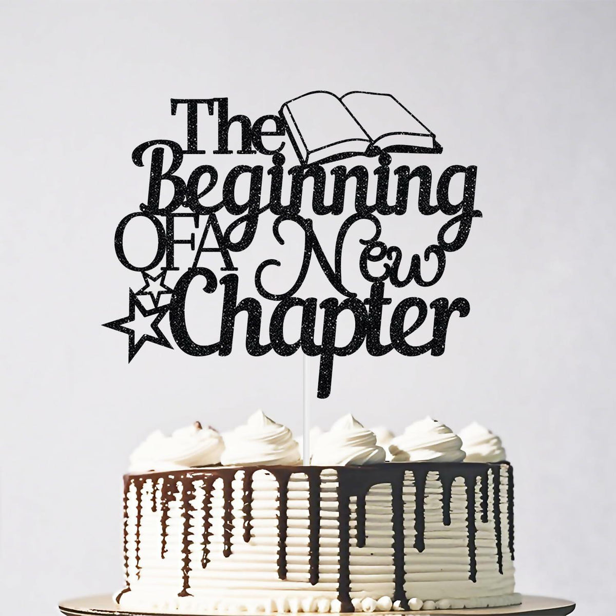 Topper para pastel "The Beginning of A New Chapter" con purpurina negra