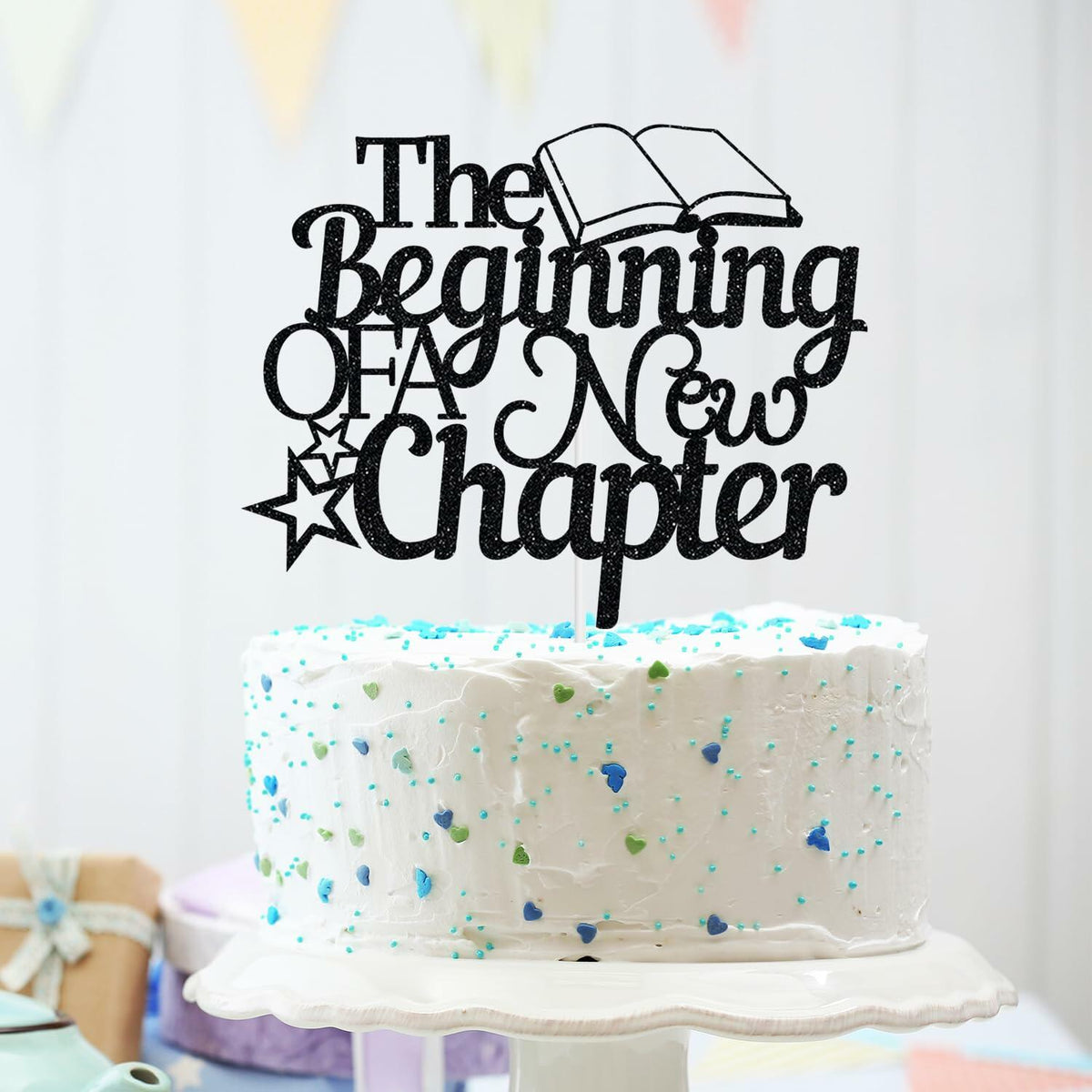 Topper para pastel "The Beginning of A New Chapter" con purpurina negra