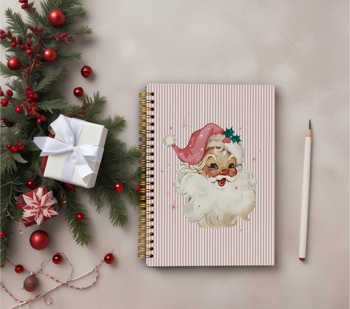 Cuaderno de Navidad Ecezatik, Santa vintage rosa, espiral de 5.5x8.3 pulgadas