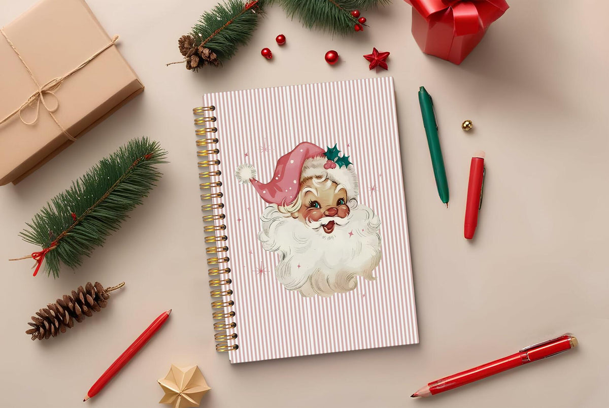 Cuaderno de Navidad Ecezatik, Santa vintage rosa, espiral de 5.5x8.3 pulgadas