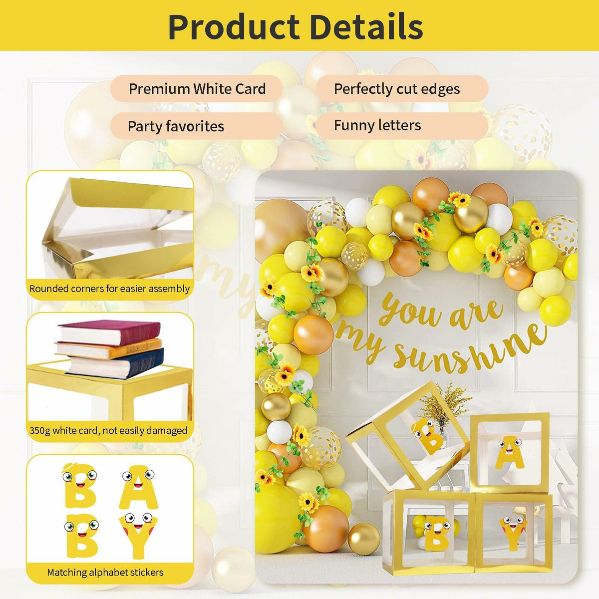 Cajas decorativas para bebé con letras Onteftshop, transparentes y doradas, paquete de 4