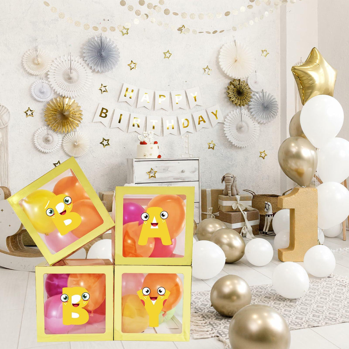 Cajas decorativas para bebé con letras Onteftshop, transparentes y doradas, paquete de 4