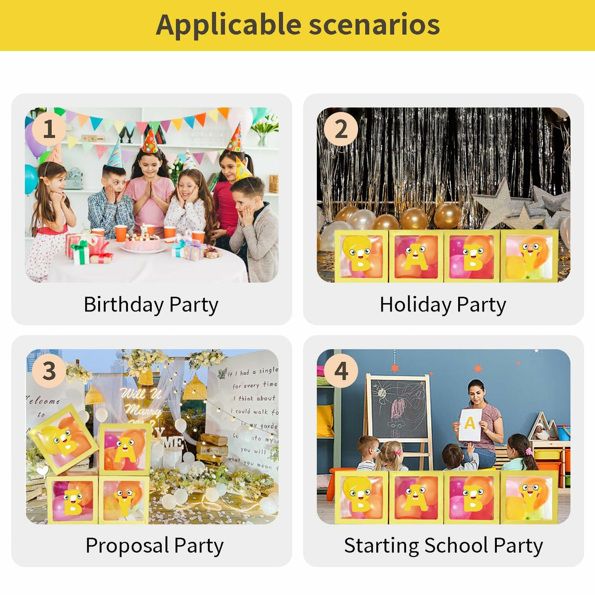 Cajas decorativas para bebé con letras Onteftshop, transparentes y doradas, paquete de 4