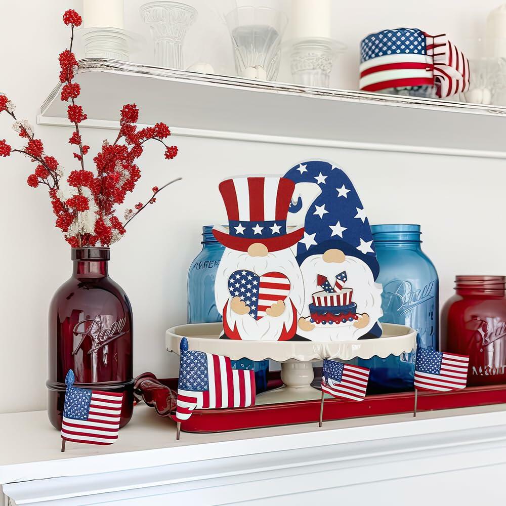 Decoración de madera de dos caras para bandeja escalonada DECSPAS, diseño del 4 de julio en rojo, blanco y azul
