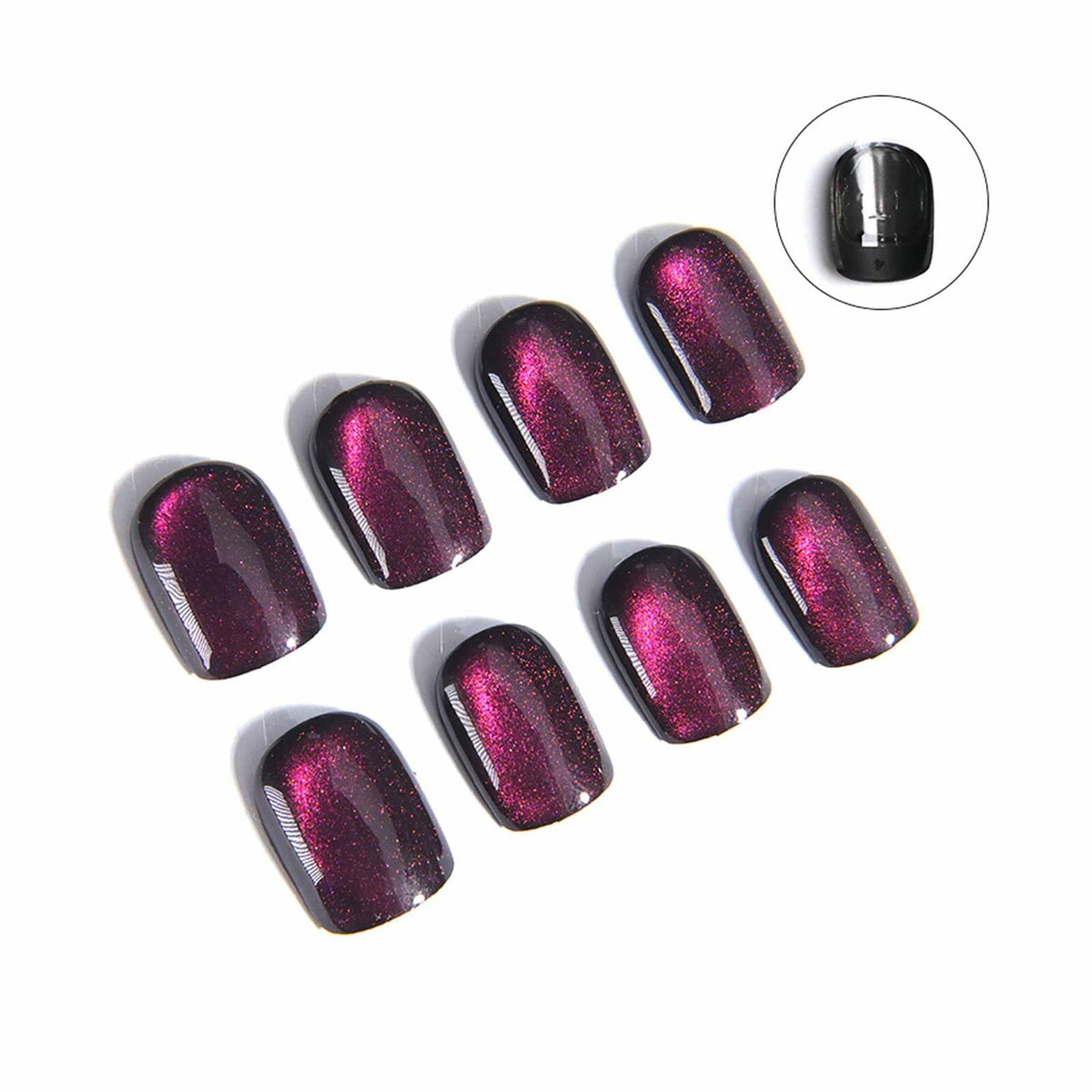 Uñas postizas cuadradas cortas de acrílico color morado con efecto ojo de gato que cambia de color, 24 piezas