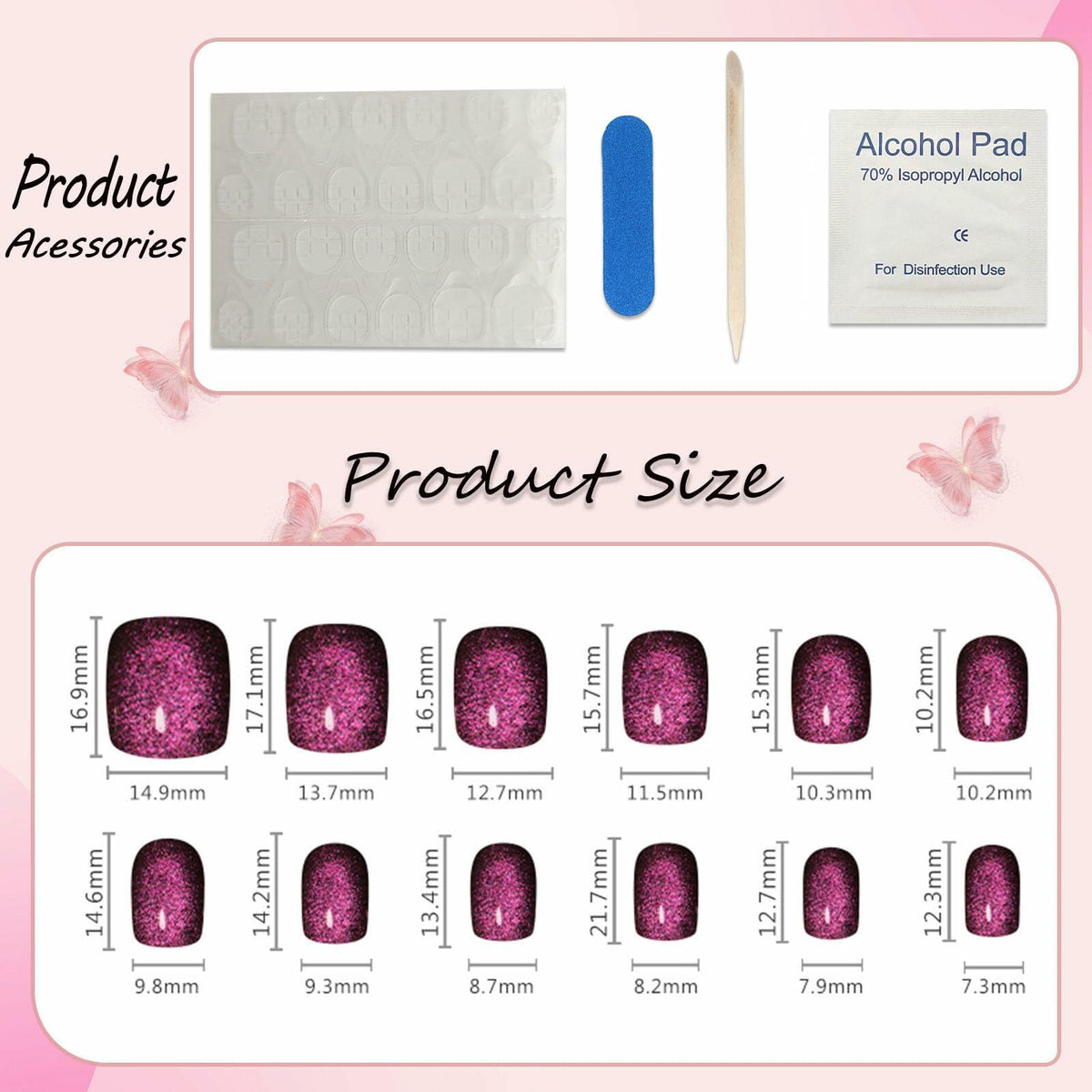 Uñas postizas cuadradas cortas de acrílico color morado con efecto ojo de gato que cambia de color, 24 piezas